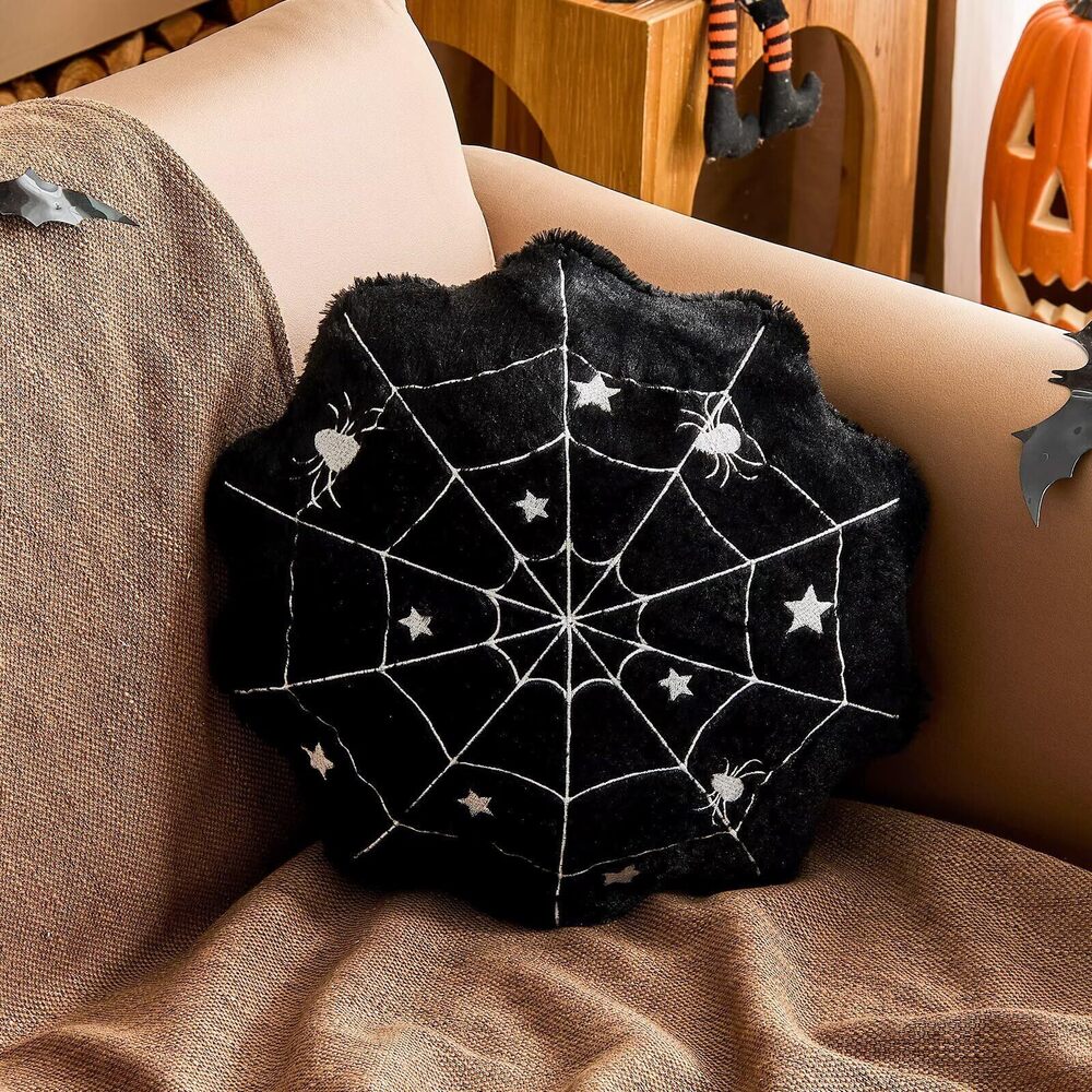 2116 Spider Web Pillows, 15.7" Black Round Pillows Soft Faux Rabbit Fur